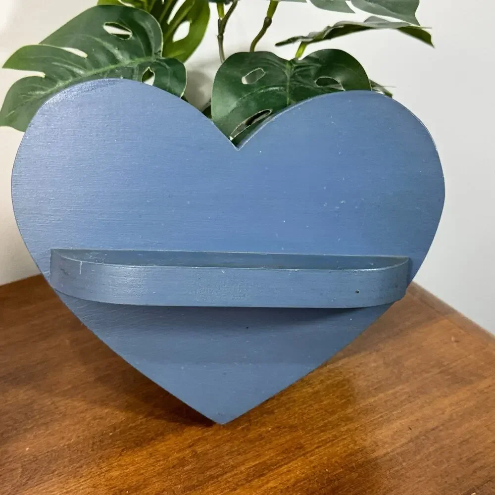 Wooden Blue Heart Shelf Wall Decor Trinkets 8.5